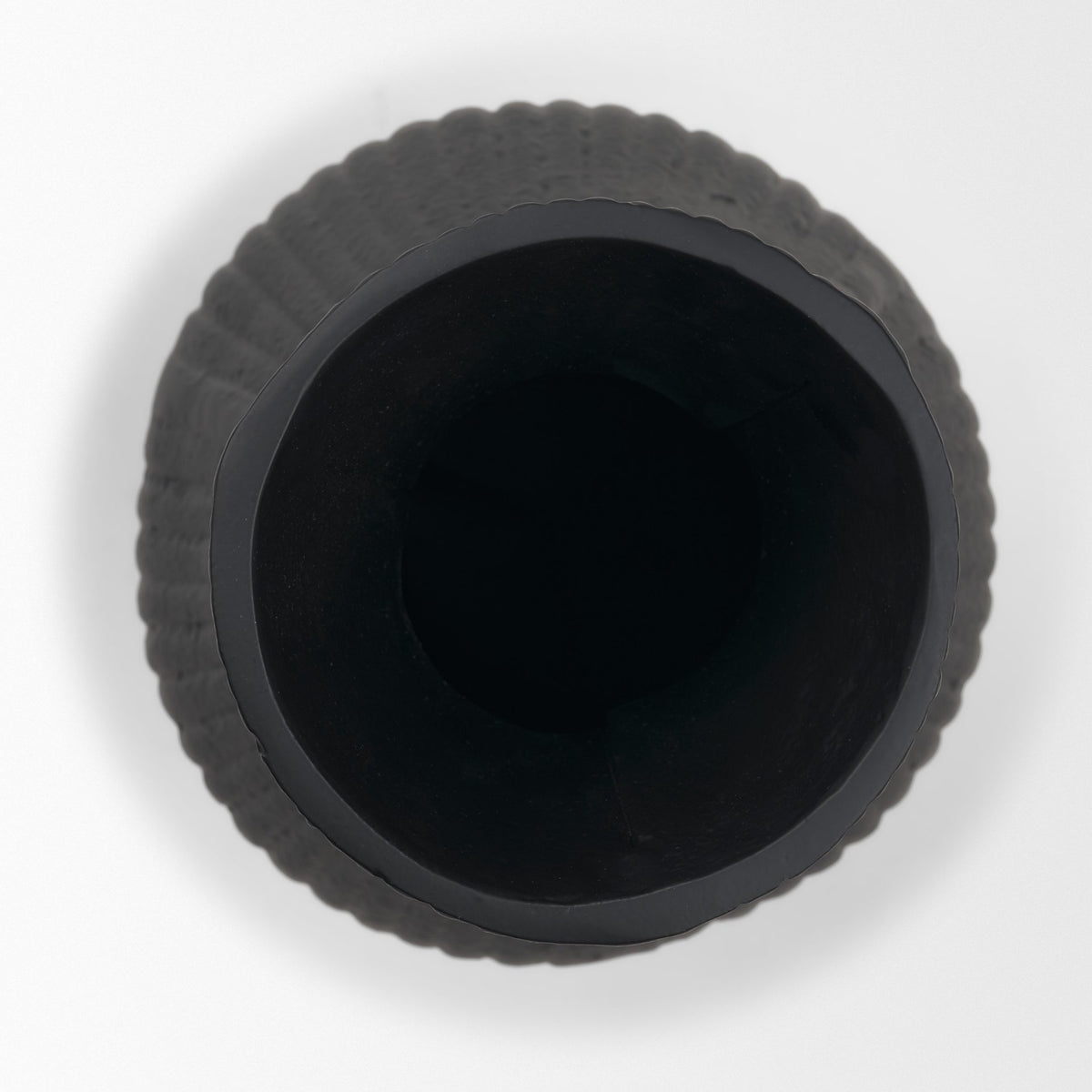Patine Matte Black Metal Fluted Hourglass Decorative Vase