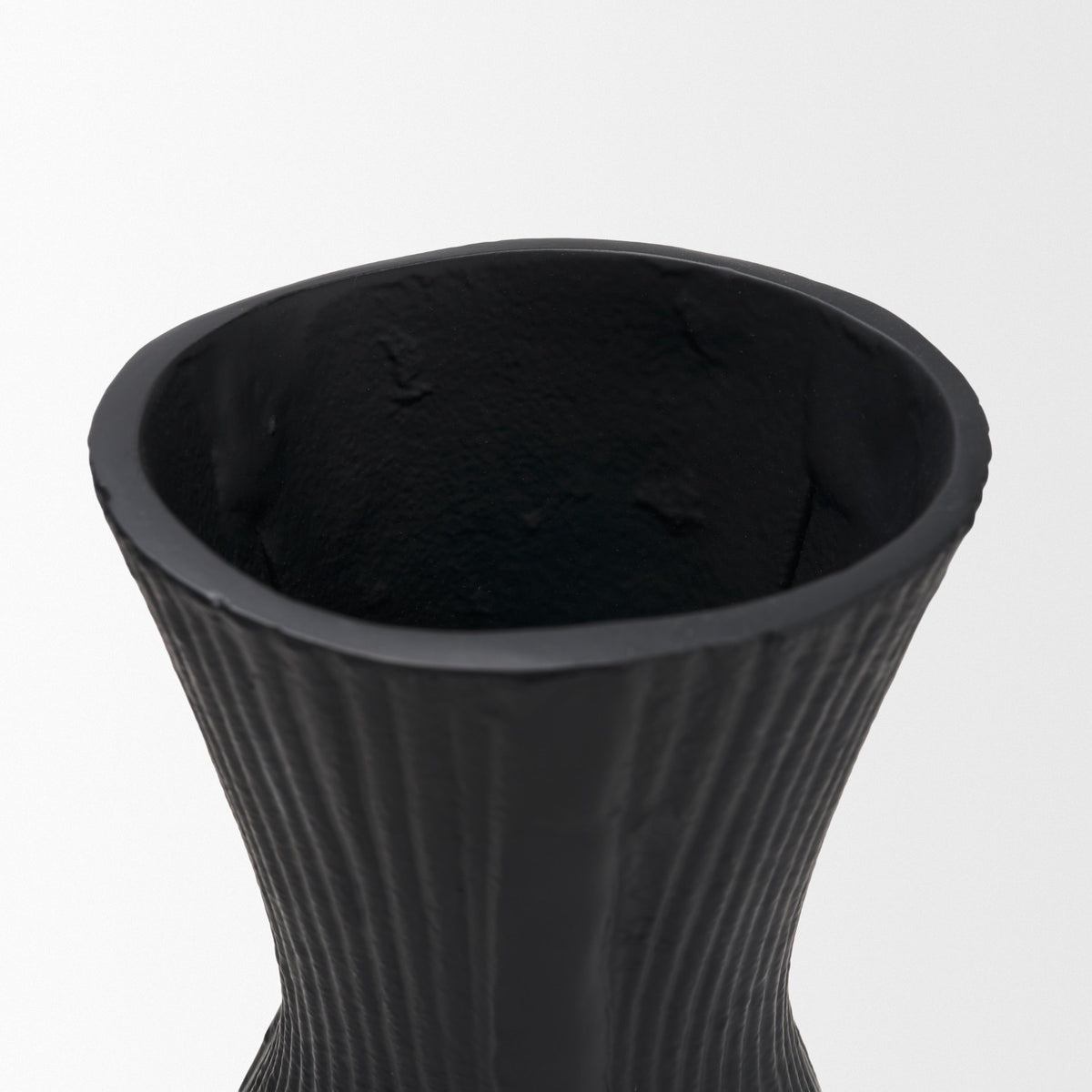 Patine Matte Black Metal Fluted Hourglass Decorative Vase
