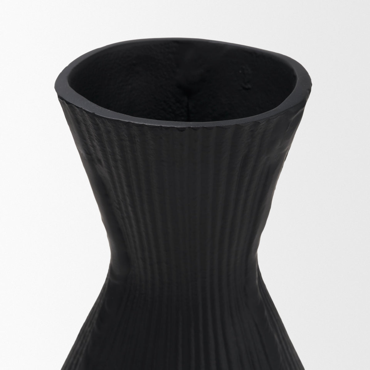 Patine Matte Black Metal Fluted Hourglass Decorative Vase