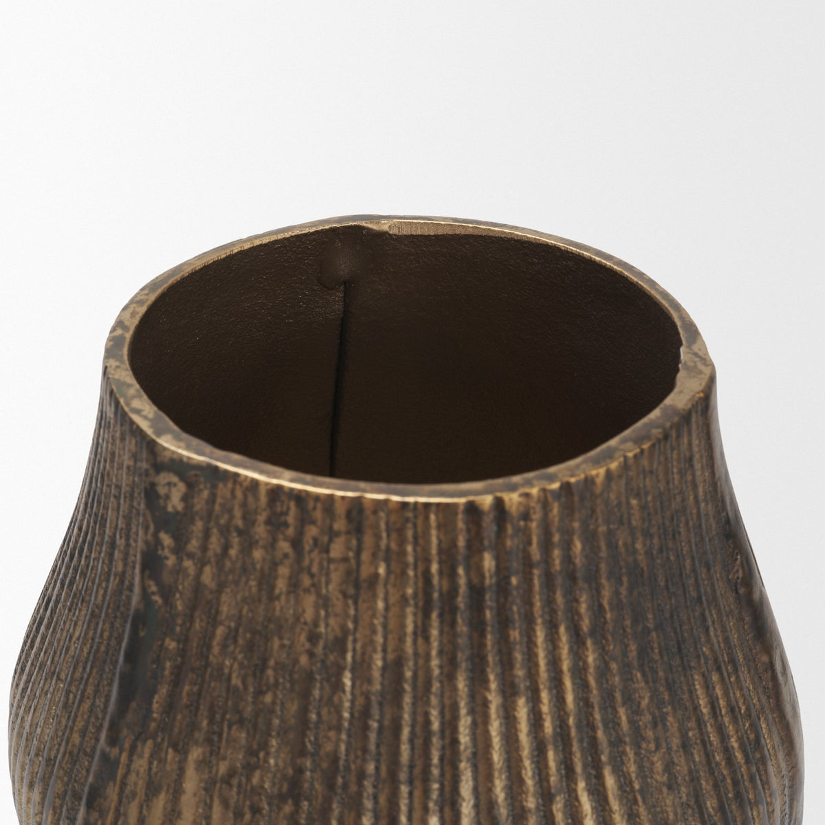 Patine Wide Antiqued Brass Metal Fluted Decorative Vase
