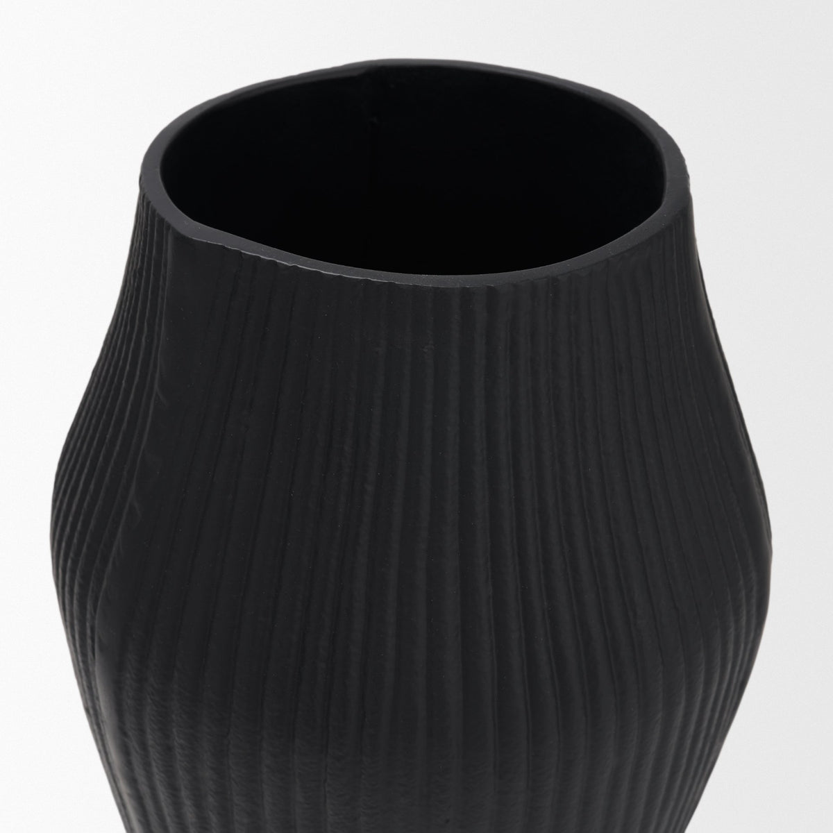 Patine Wide Matte Black Metal Fluted Decorative Vase
