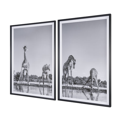 Thirsty Savanna Giraffes(Set of 2) by Jun Zuo Hand-Embellished Framed Photo Print Matted under Glass from Mercana - Luna Furniture