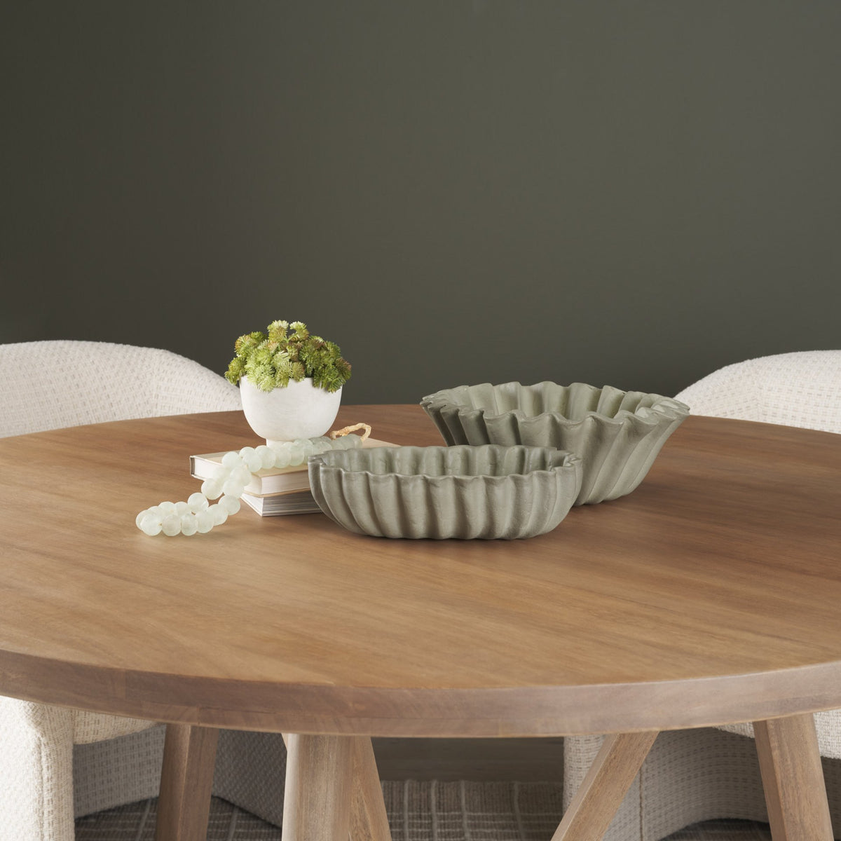 Camelia Small Fluted Sage Green Paper Mache Round Centerpiece Bowl from Mercana - Luna Furniture