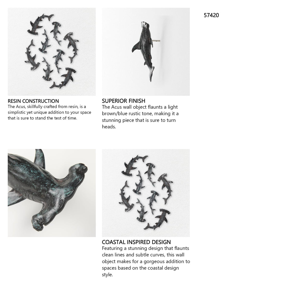 Acus 18H Small Hammerhead Shark Resin Wall Decor from Mercana - Luna Furniture