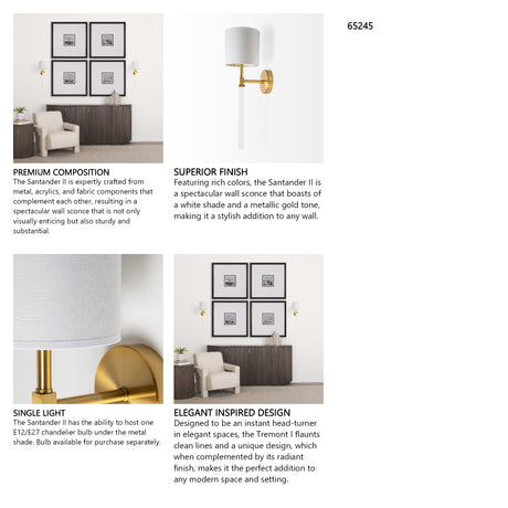 Santander II 6.5x22 Gold Metal and White Linen Shade Wall Sconce from Mercana - Luna Furniture
