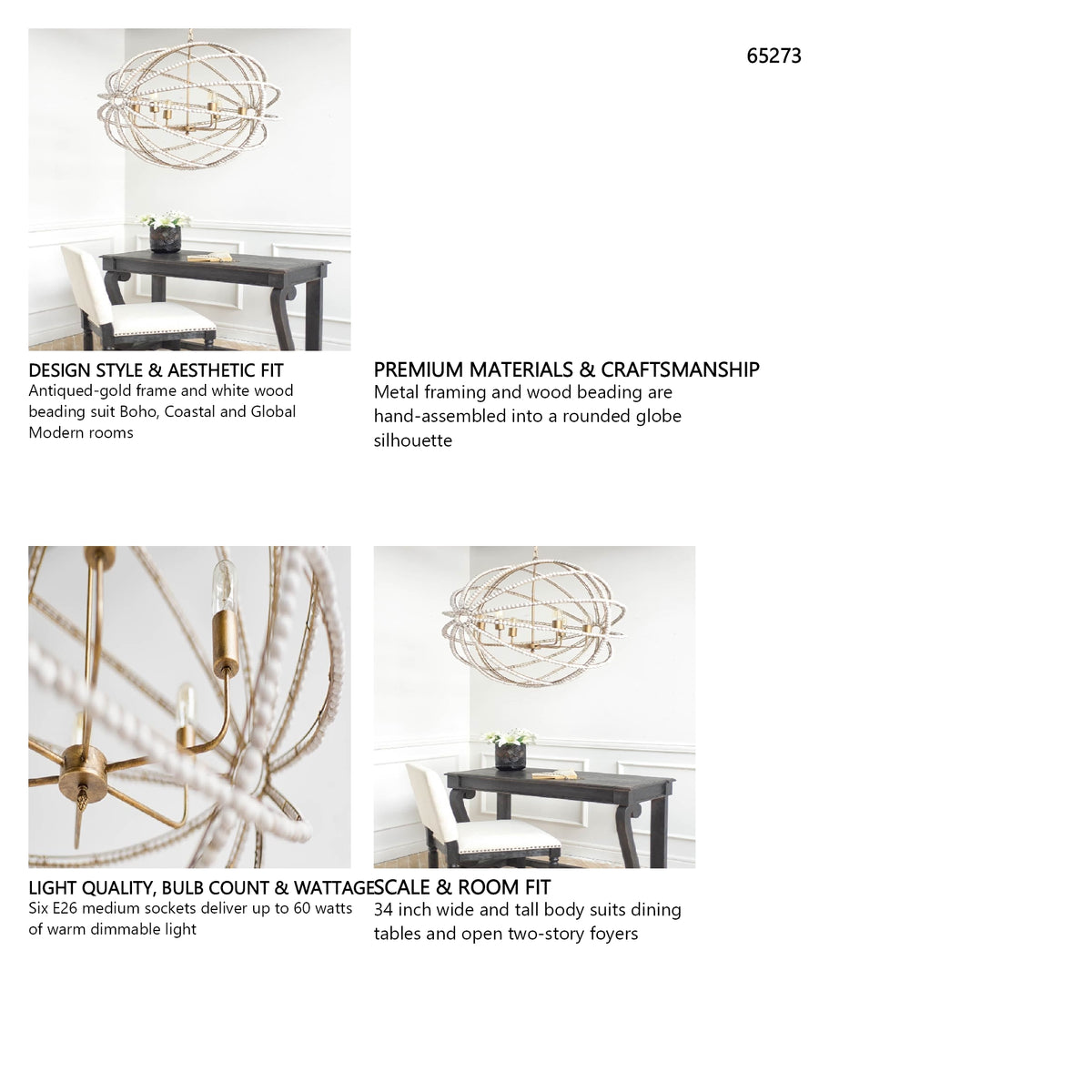 Ava White (34"D) Gold Metal and White Wood Beaded Six Bulb Chandelier from Mercana - Luna Furniture