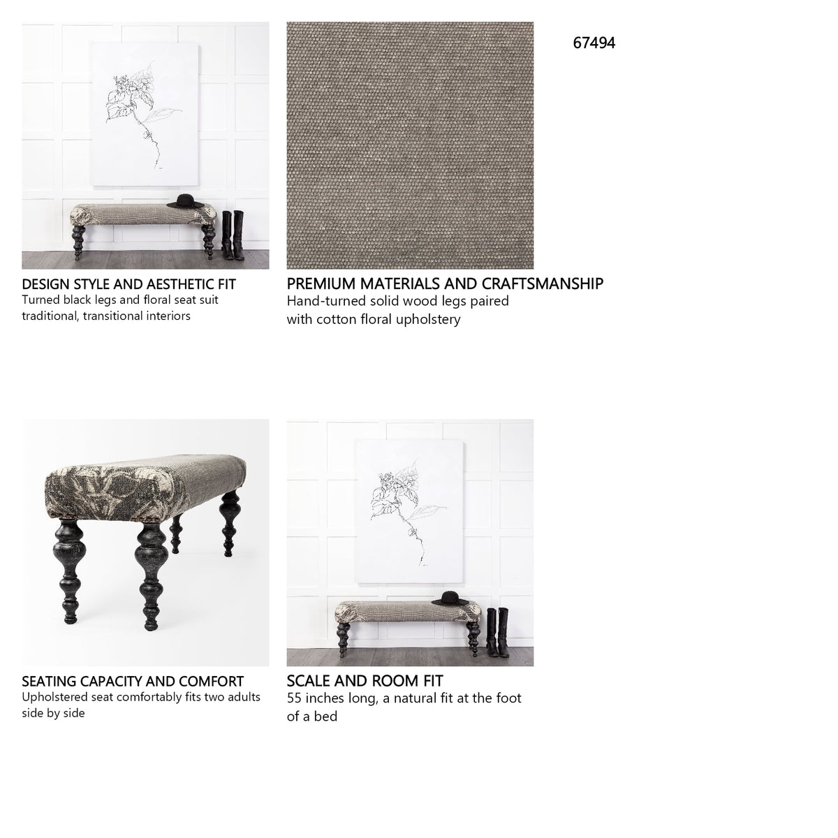 Alhambra 55L x 14W Upholstered Gray Seat W/Black Wood Legs Accent Bench from Mercana - Luna Furniture