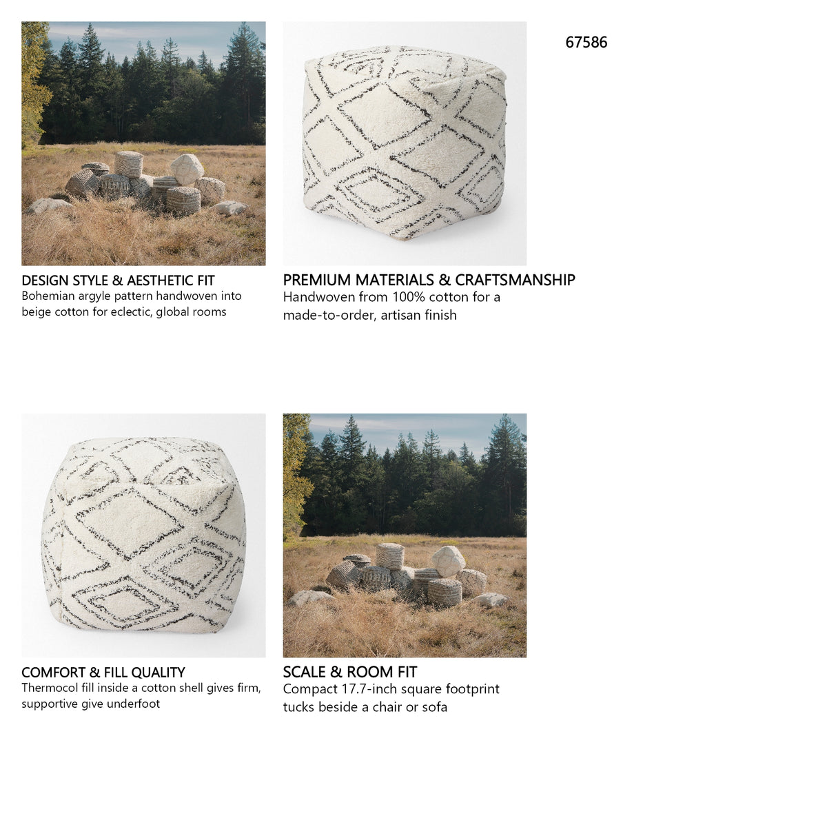 Tapir Beige Cotton Argyle Pattern Square Pouf from Mercana - Luna Furniture