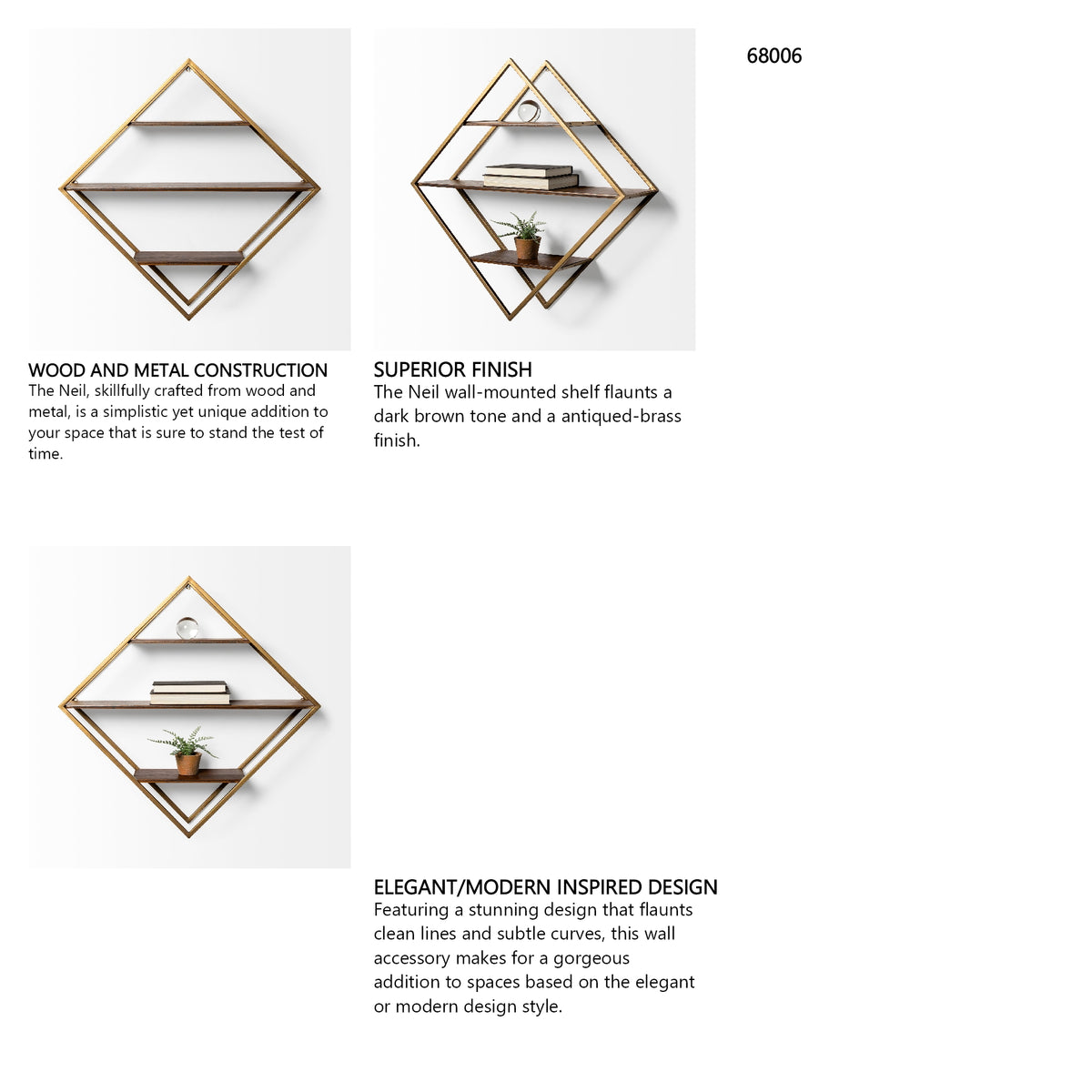 Neil I Diamond Shape Wall Mounted Brass Frame w Three Wood Wall Shelves from Mercana - Luna Furniture