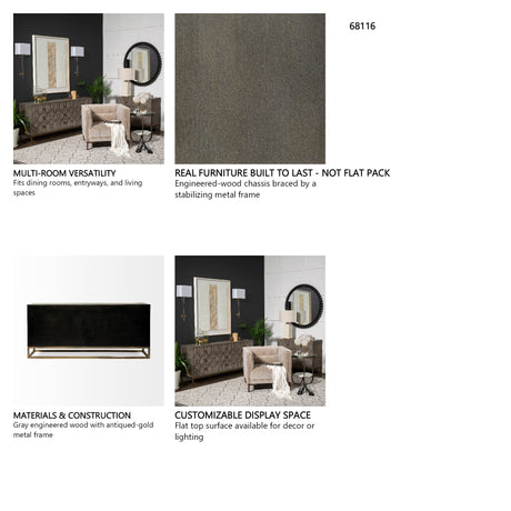 Genevieve II 70x15.8 Gray Fir Veneer W/Gold Metal Frame Base 9 Drawer Sideboard from Mercana - Luna Furniture