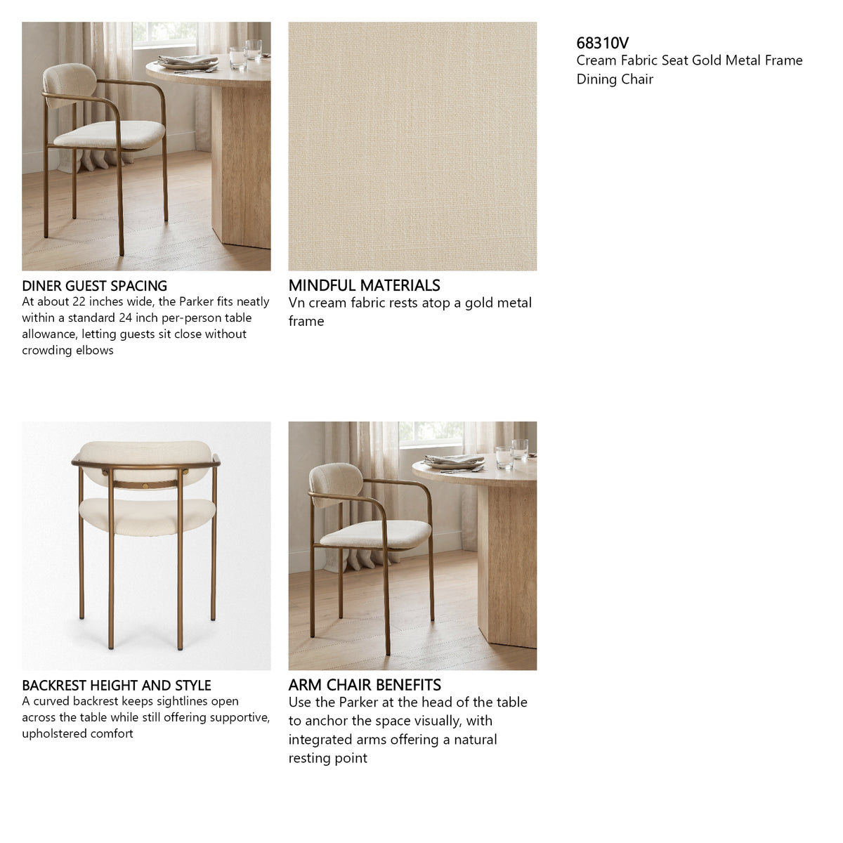 Parker I Cream Fabric Seat Gold Metal Frame Dining Chair, Set of 2 from Mercana - Luna Furniture