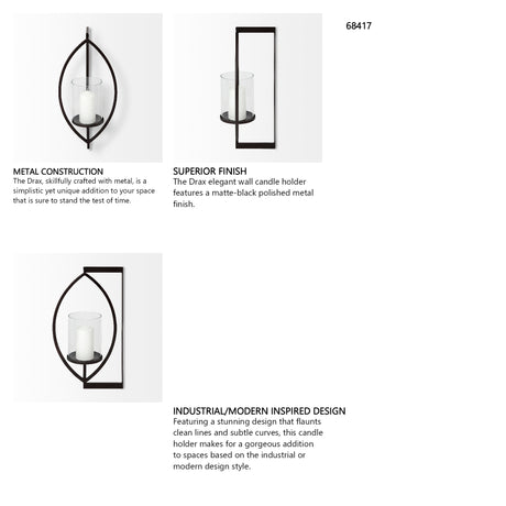 Drax 22"H Black Metal Wall Candle Holder from Mercana - Luna Furniture
