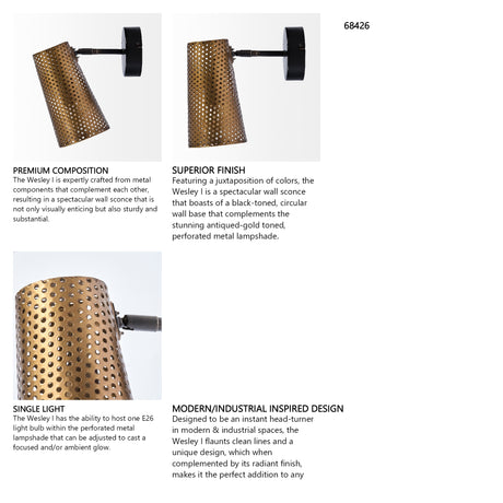 Wesley I 11x10.2 Gold Toned Perforated Metal Cone Wall Sconce from Mercana - Luna Furniture