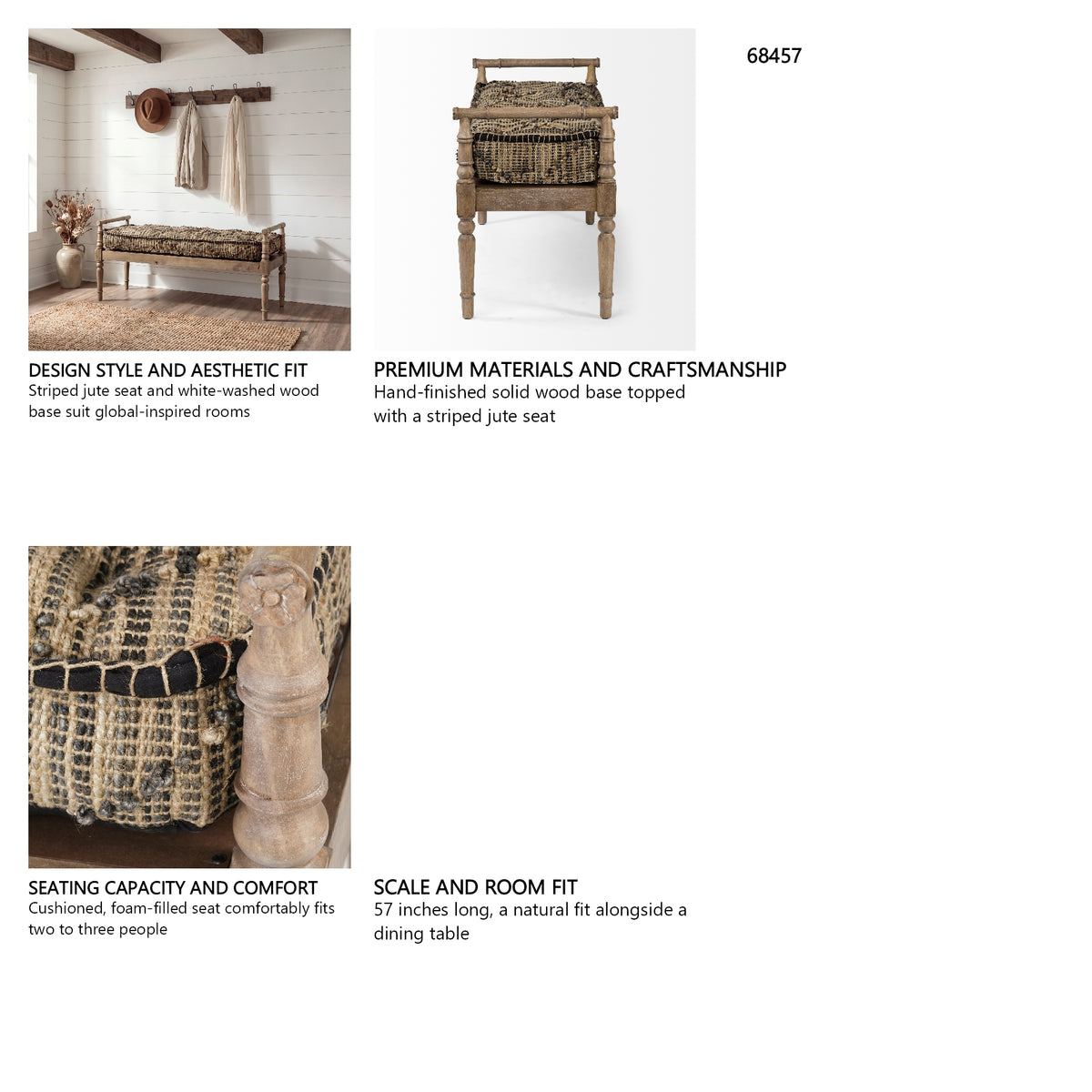 Fullerton II 57L x 21W Jute Patterned Top W/Brown Wood Base Accent Bench from Mercana - Luna Furniture