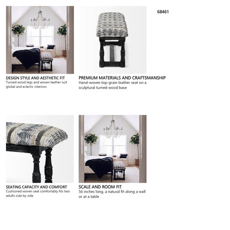 Denison II 56L x 15W Black Wood Base Woven-Leather Cushion Top Accent Bench from Mercana - Luna Furniture