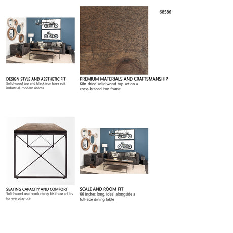 Trestman III 66L x 18W Brown Wood Top W/Black Iron Base Accent Bench from Mercana - Luna Furniture
