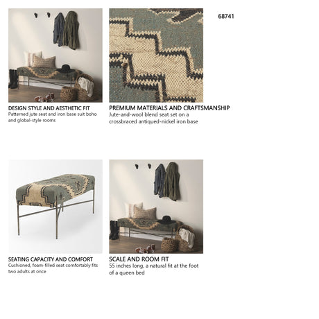Avery I 55L x 17W Multi Colored Upholstered Patterned Seat Accent Bench from Mercana - Luna Furniture