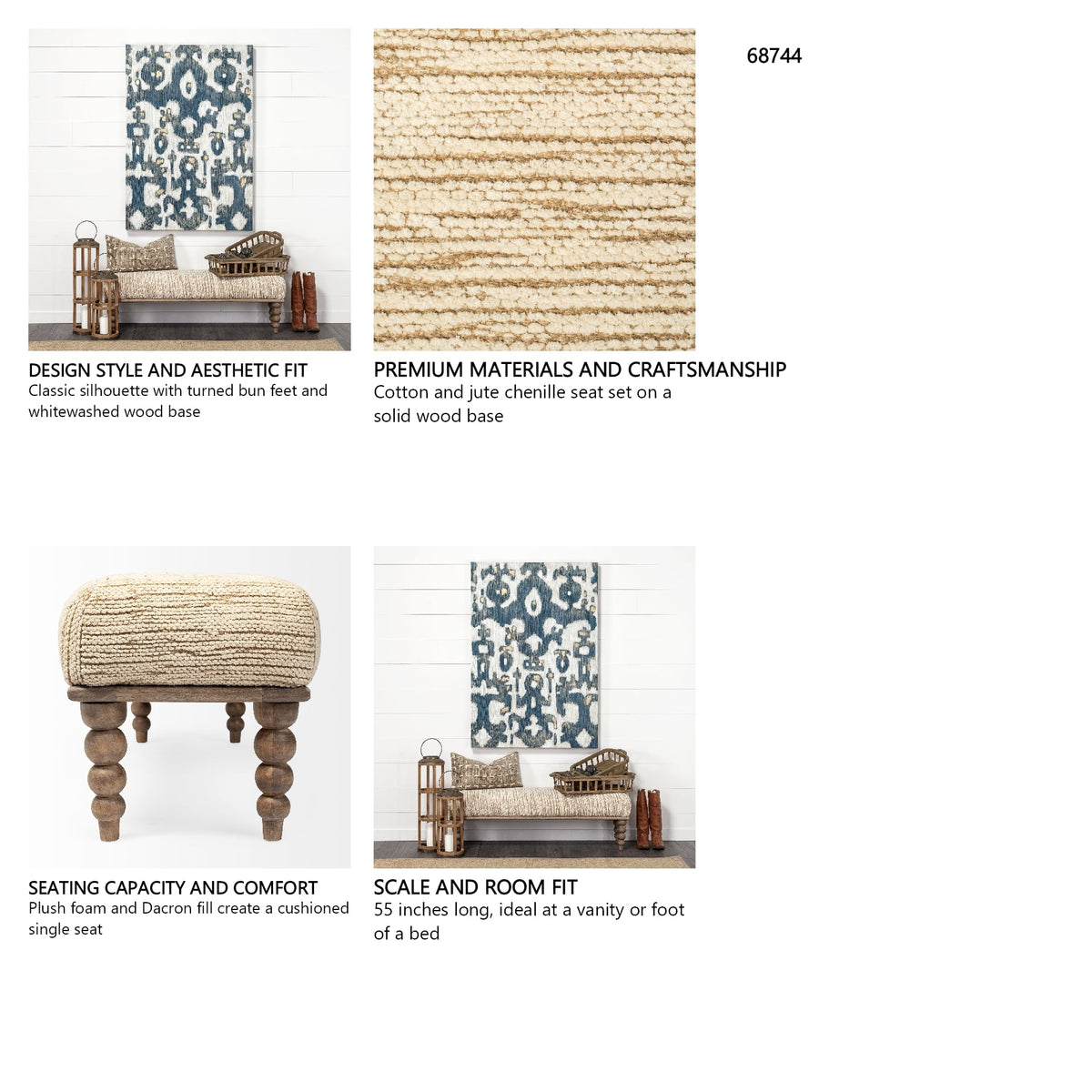 Alder II 55L x 16W Cream Upholstered Seat Wooden Base Accent Bench from Mercana - Luna Furniture