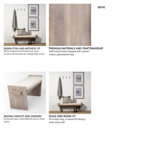 Elaine I 58L x 14.75W x 20H Brown Wood Upholstered Cream Seat Entryway Bench from Mercana - Luna Furniture