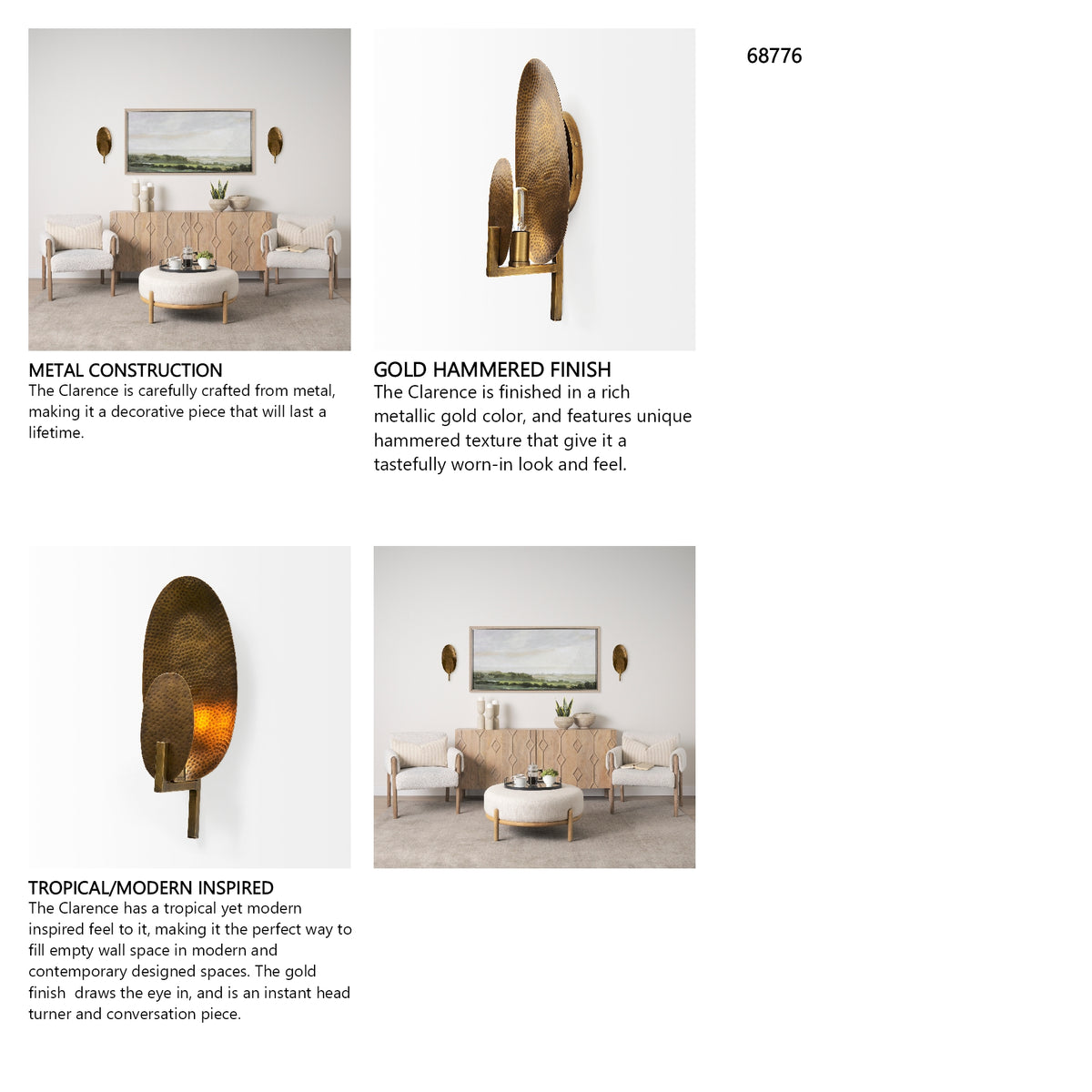 Clarence 7.0L x 5.3W x 17.0H Metal Hammered Gold Round Wall Sconce from Mercana - Luna Furniture