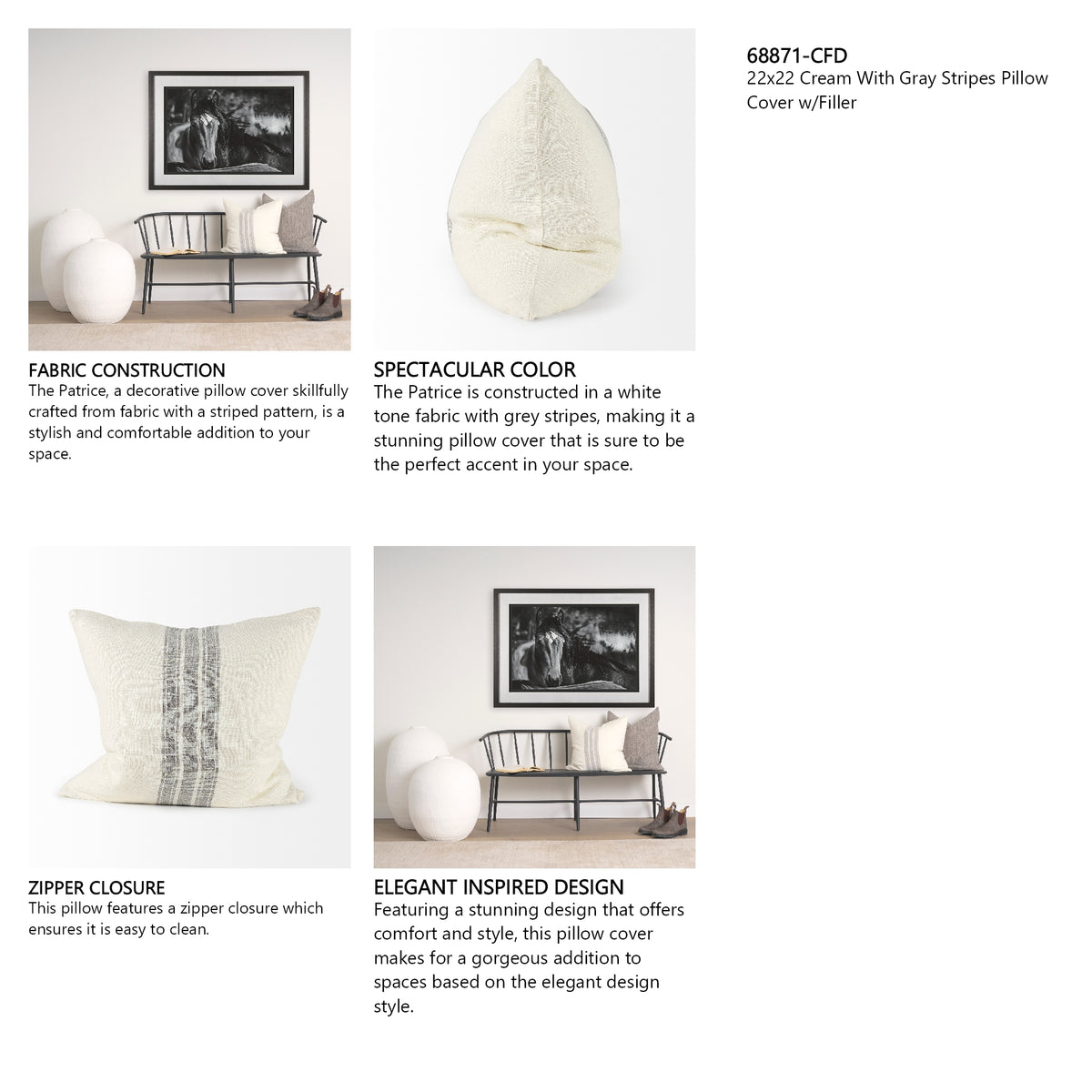 Patrice 22x22 Cream With Gray Stripes Pillow Cover w/Filler, Set of 2 from Mercana - Luna Furniture