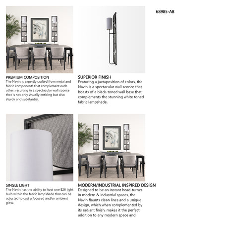 Navin 10x46.5 Black Metal Body White Fabric Shade Rectangular Wall Sconce from Mercana - Luna Furniture