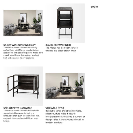 Arelius 36L x 18W Black-Brown Wood, Black Metal Base w/ 2 Glass Doors Accent Cabinet from Mercana - Luna Furniture