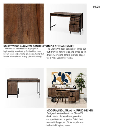 Glenn VII 56L x 22W Dark Brown Wood w/ Black Iron Frame, 3 Drawer Office Desk from Mercana - Luna Furniture