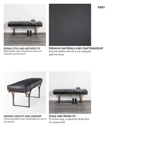 Jessie 55L x 16W Black Leather Seat W/Gold Metal Base Accent Bench from Mercana - Luna Furniture