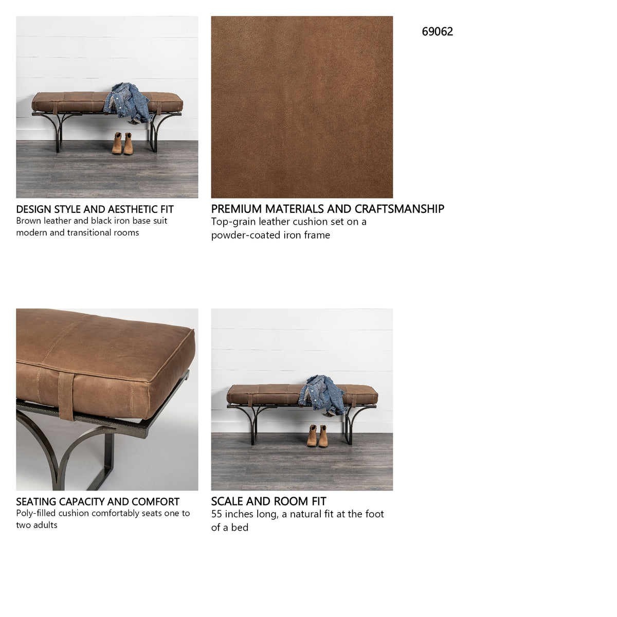 Jessie 55L x 16W Brown Leather Seat W/Black Metal Base Accent Bench from Mercana - Luna Furniture