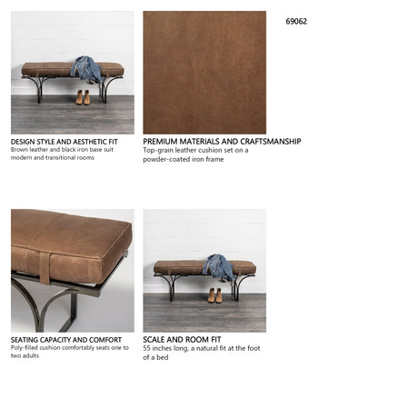 Jessie 55L x 16W Brown Leather Seat W/Black Metal Base Accent Bench from Mercana - Luna Furniture