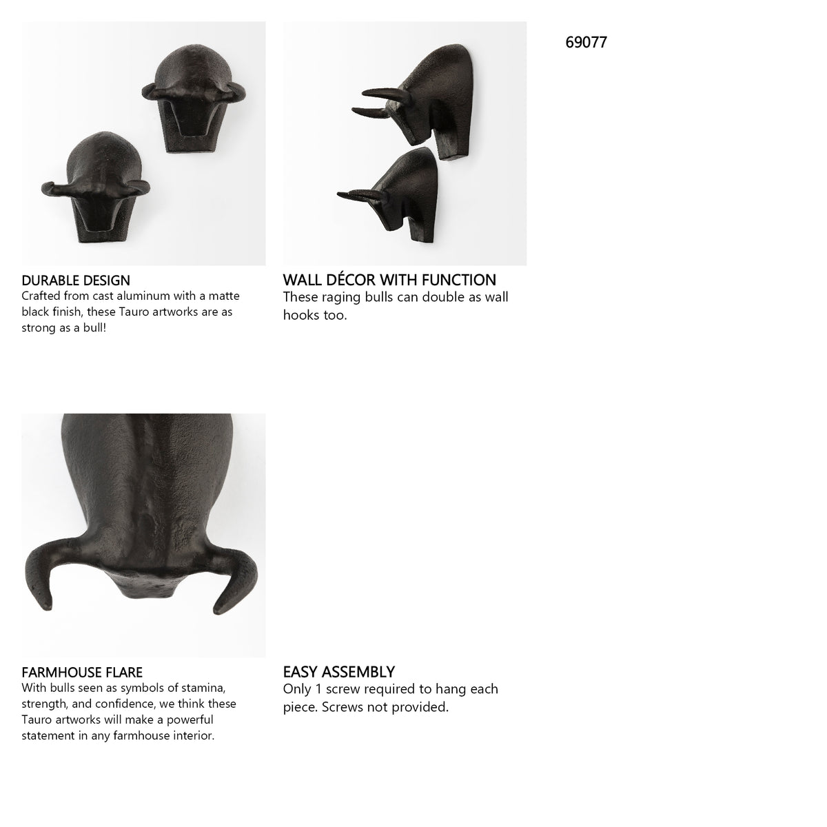 Tauro IV (Set of 2) Black Cast Aluminum Raging Bull Wall Decor from Mercana - Luna Furniture