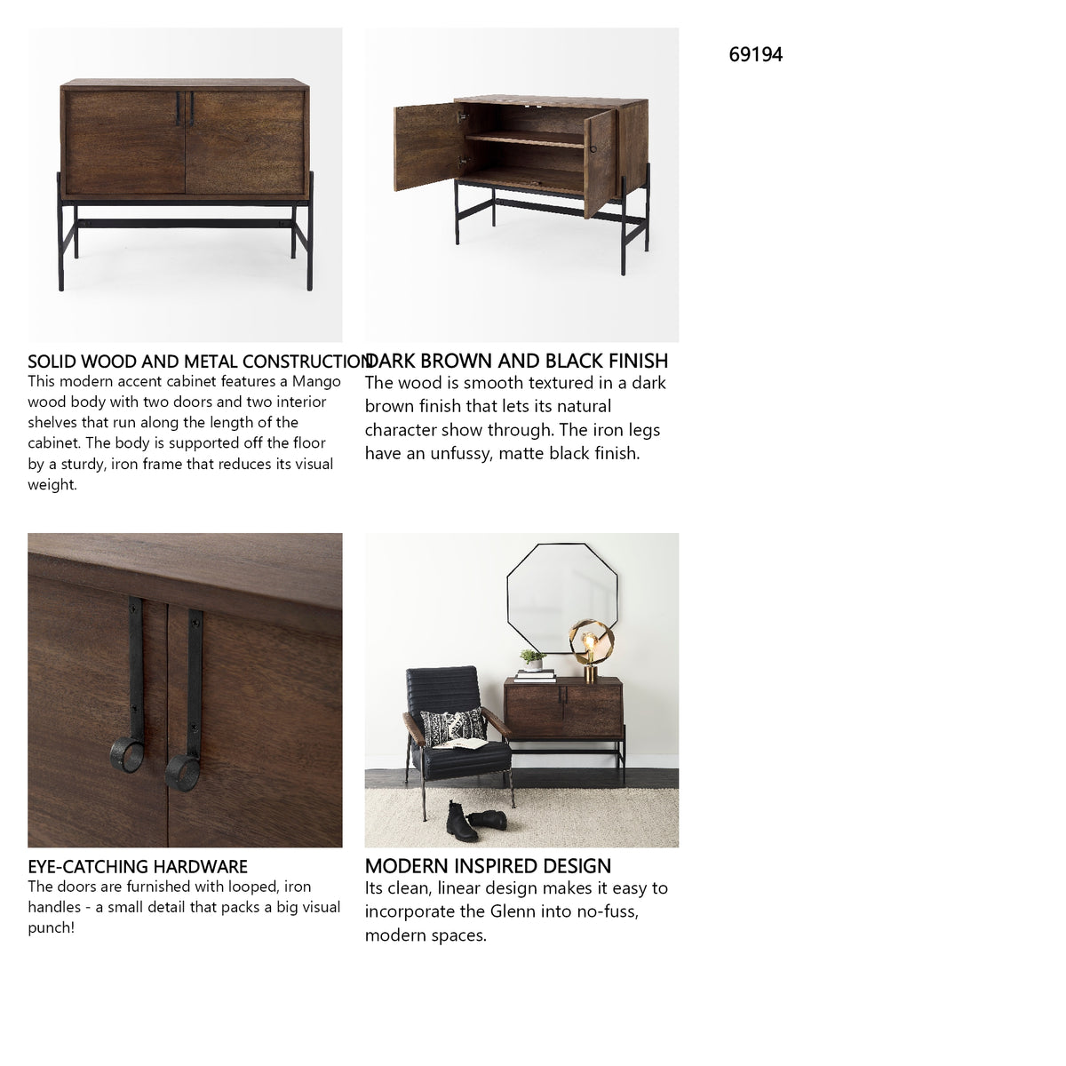 Glenn 38L x 16W x 30H Dark Brown Wood w/ Black Iron Frame, 2 Door Accent Cabinet from Mercana - Luna Furniture