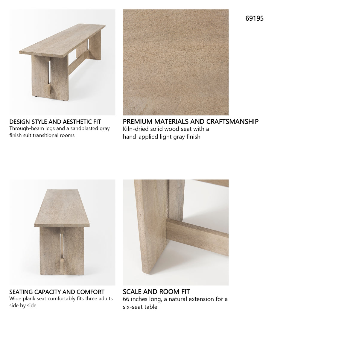 Aida 18H Light Gray Wood Dining Bench from Mercana - Luna Furniture