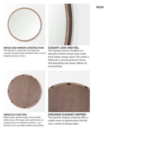 Gambit 46" Round Light Brown Wood Frame Wall Mirror from Mercana - Luna Furniture