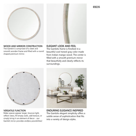 Gambit 46" Round White Wash Wood Frame Wall Mirror from Mercana - Luna Furniture