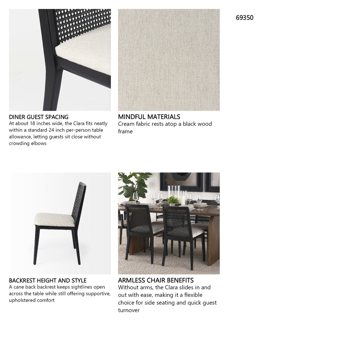 Clara Black Wood W/ Cream Fabric Seat and Cane Back Armless Dining Chair, Set of 2 from Mercana - Luna Furniture