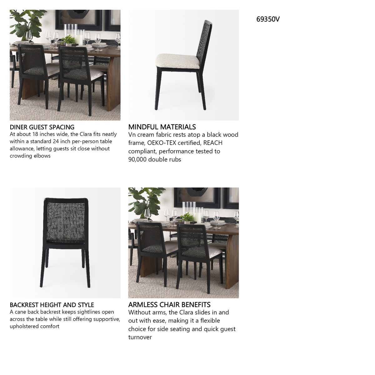 Clara Black Beech Wood W/ Cream Fabric Seat and Cane Back Armless Dining Chair, Set of 2 from Mercana - Luna Furniture