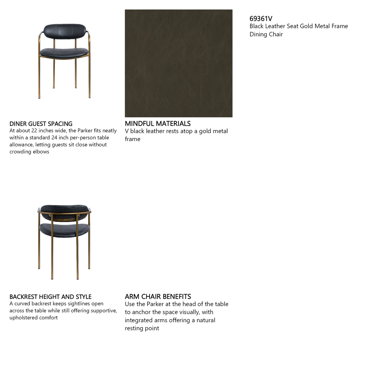 Parker Black Leather Seat Gold Metal Dining Chair, Set of 2 from Mercana - Luna Furniture