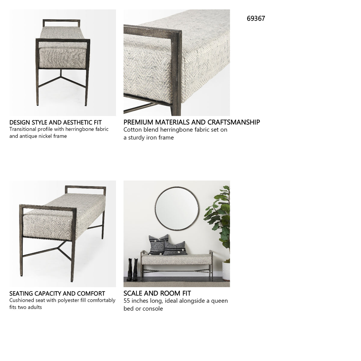 Charlotte 55.0L Gray Herringbone Fabric Seat w/ Antique Nickel Metal Frame Bench from Mercana - Luna Furniture