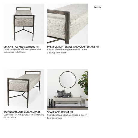 Charlotte 55.0L Gray Herringbone Fabric Seat w/ Antique Nickel Metal Frame Bench from Mercana - Luna Furniture