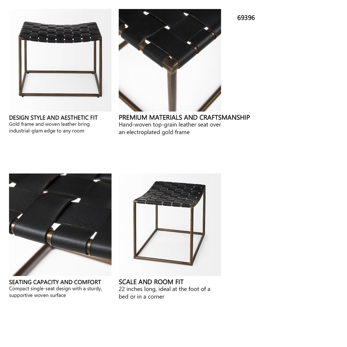 Clarissa 22.0L x 16.0W x 16.75H Black Leather Woven Seat W/ Gold Metal Frame Stool from Mercana - Luna Furniture