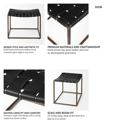 Clarissa 22.0L x 16.0W x 16.75H Black Leather Woven Seat W/ Gold Metal Frame Stool from Mercana - Luna Furniture