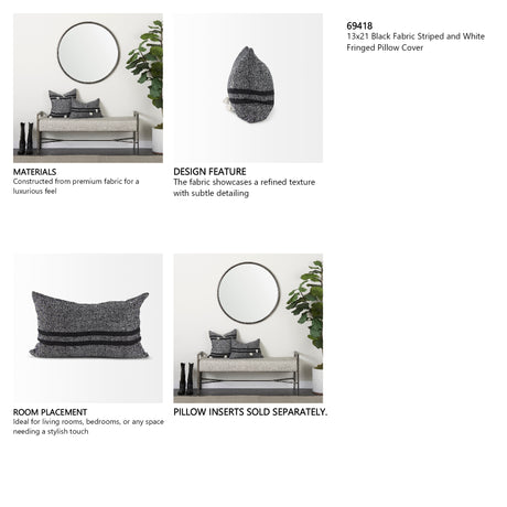 Sibyl 13L x 21W Black Fabric Striped and White Fringed Decorative Pillow Cover from Mercana - Luna Furniture