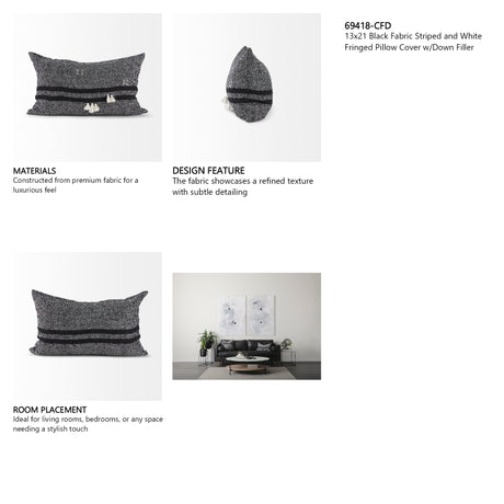 Sibyl 13x21 Black Fabric Striped and White Fringed Pillow Cover w/Down Filler, Set of 2 from Mercana - Luna Furniture