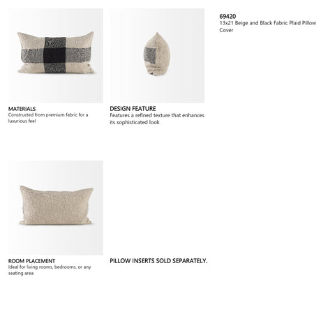 Raquel 13L x 21W Beige and Black Fabric Plaid Decorative Pillow Cover from Mercana - Luna Furniture