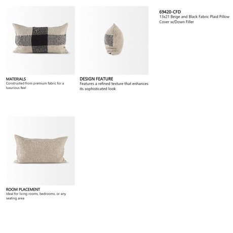 Raquel 13x21 Beige and Black Fabric Plaid Pillow Cover w/Down Filler, Set of 2 from Mercana - Luna Furniture