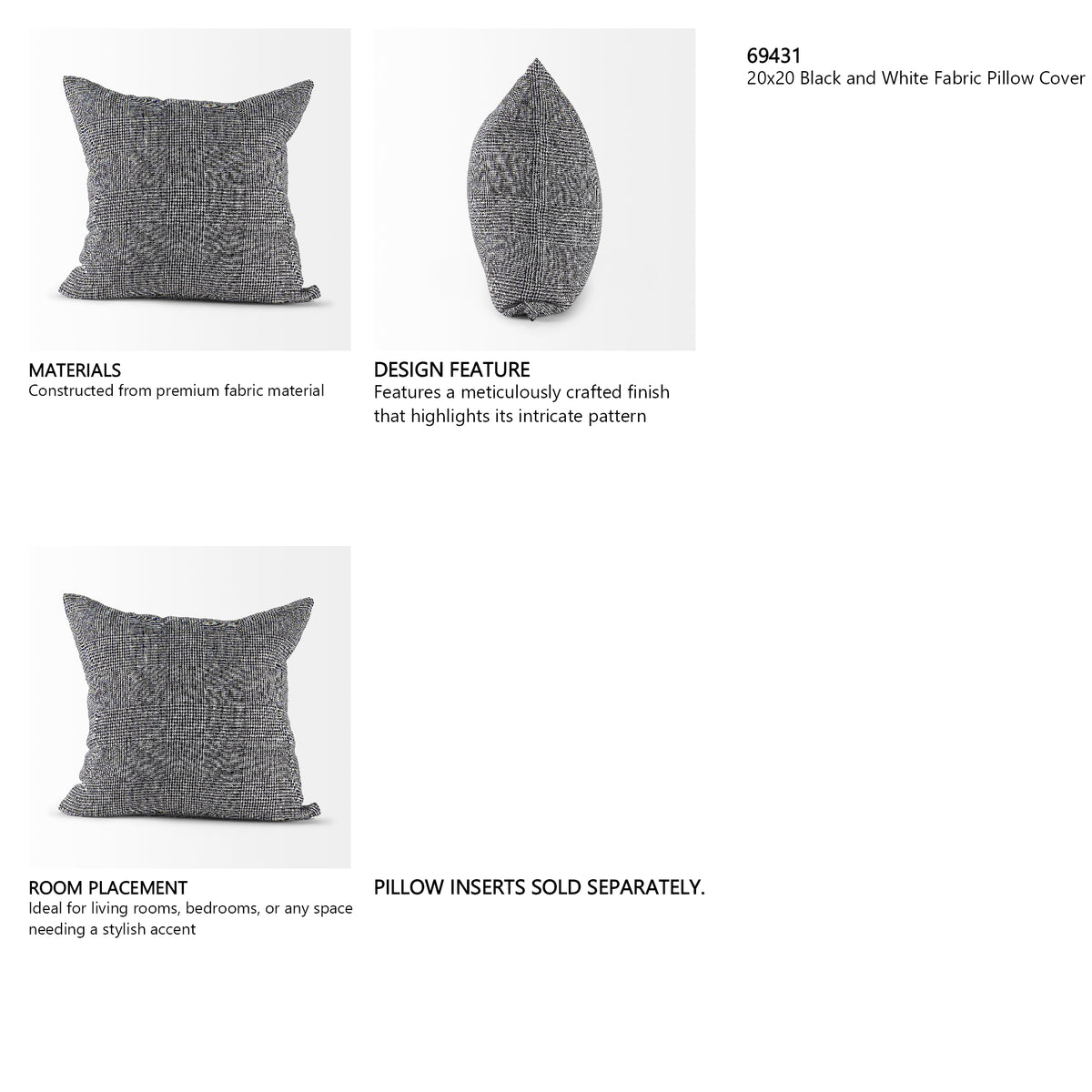 Ramone 20 x 20 Black and White Fabric Decorative Pillow Cover from Mercana - Luna Furniture