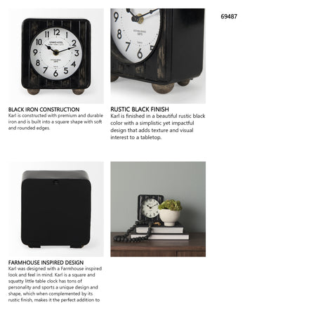 Karl 6.0L x 3.0W x 6.8H Rustic Black Iron Rounded Square Table Clock from Mercana - Luna Furniture