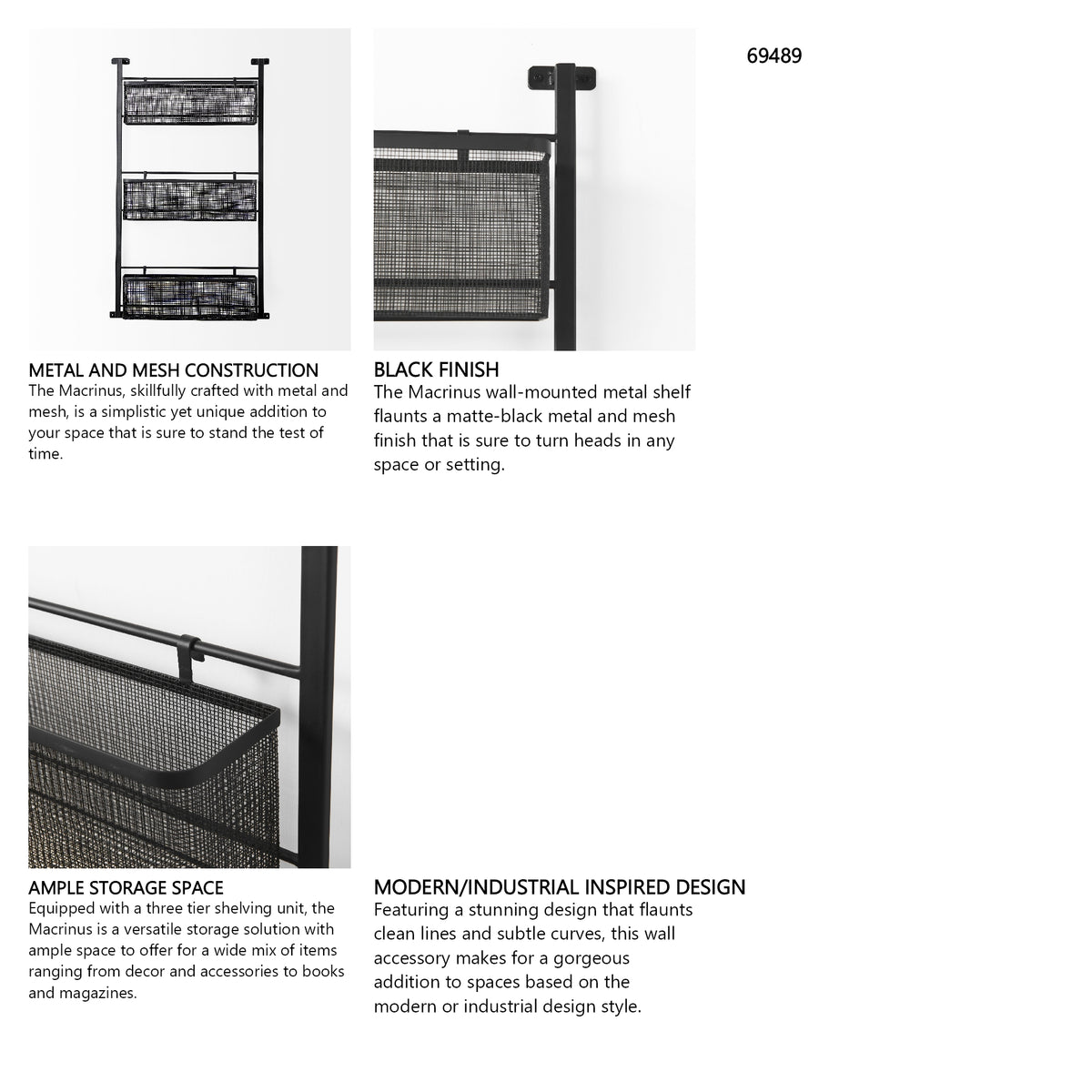 Macrinus 23.4L x 5.5W x 38.6H Black Metal W/Mesh Wall Mounted Shelf from Mercana - Luna Furniture